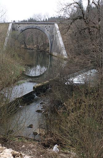 Pont sur l'Angillon : vue d'ensemble, depuis l'ouest (aval, rive droite). Au premier plan, le barrage de l'ancienne usine de menuiserie de la société des Constructions métalliques Fillod.