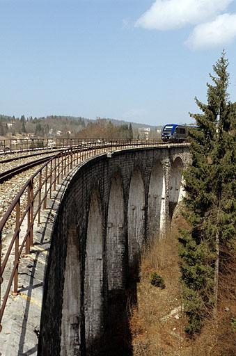 Elévation orientale vue en enfilade depuis le côté La Cluse, avec autorail X 73500.