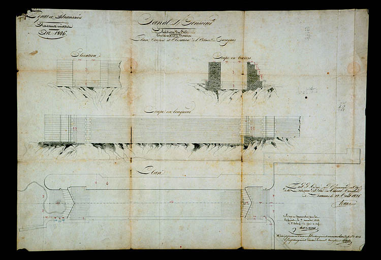 Plan, coupes et élévation de l'écluse de Taragnoz, 1826.