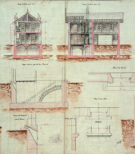 [Projet de maison d'éclusier sur l'île de Tarragnoz : coupes], 1880.