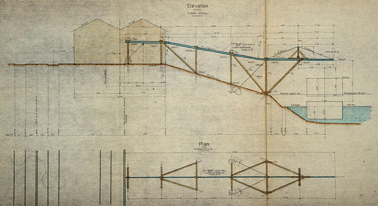 Exploitation militaire du Canal du Rhône au Rhin. Installation de transbordement au port des Près-de-Vaux, à Besançon. Projet définitif. Dessins du transbordeur [détail : plan et élévation], 1918.