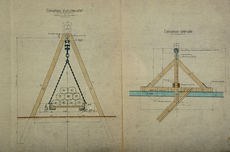 Exploitation militaire du Canal du Rhône au Rhin. Installation de transbordement au port des Près-de-Vaux, à Besançon. Projet définitif. Dessins du transbordeur [détail : élévation d'un chevalet], 1918.