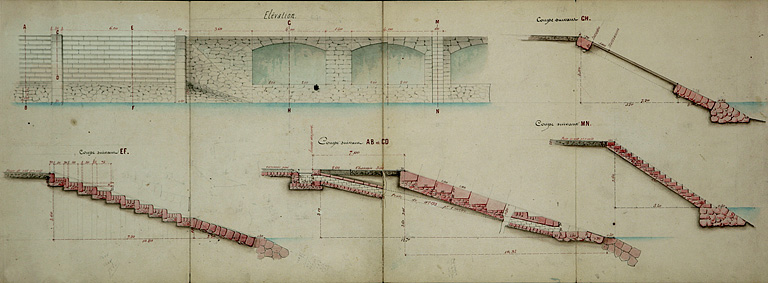 Projet d'établissement d'un quai au port Rivotte. Dessins de détail des ouvrages [détail : coupes et élévation], 1861.