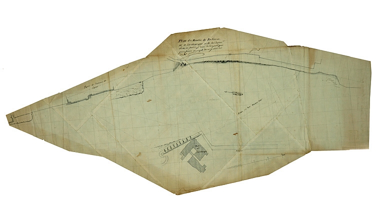 Plan du moulin de Besançon dit de Larchevêque et de ses dépen[dan]ces levé en fructidor 3e année de la République pour servir au projet de navigation du Doubs, 1795.