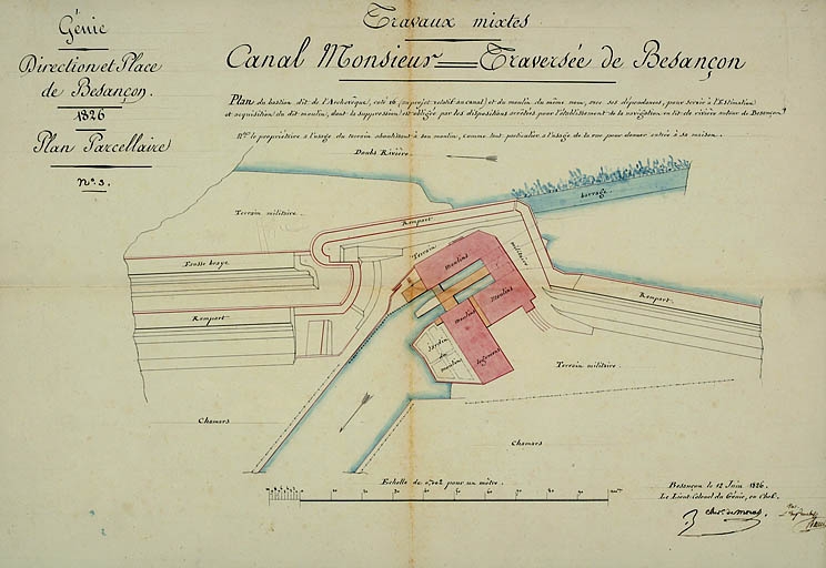 Plan du bastion dit de l'Archevêque, coté 16 (au projet relatif au canal) et du moulin du même nom [...], 1826.