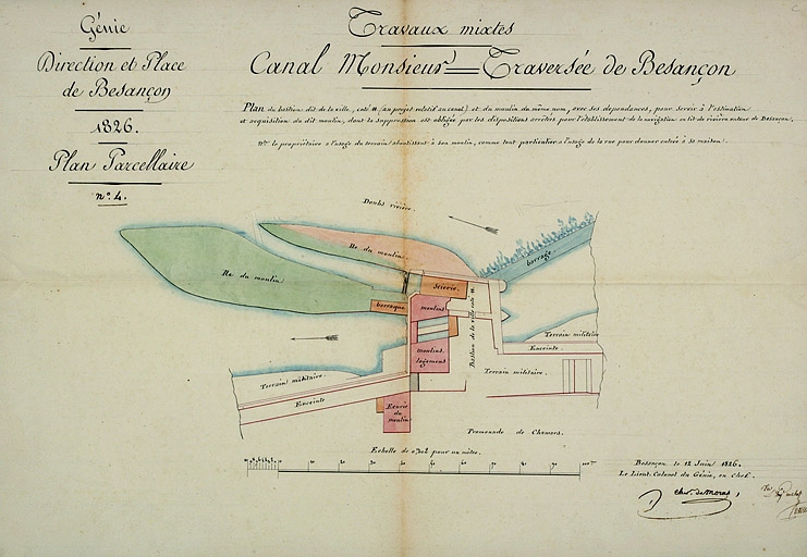 Plan du bastion dit de la Ville, cotté 11 (au projet relatif au canal), et du moulin du même nom [...], 1826.