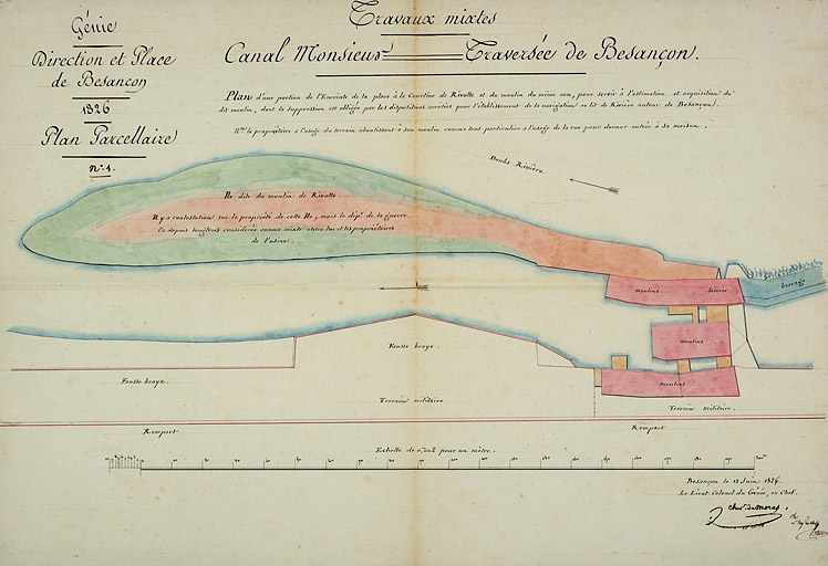 Plan d'une portion de l'enceinte de la place à la courtine de Rivotte et du moulin du même nom [...], 1826.