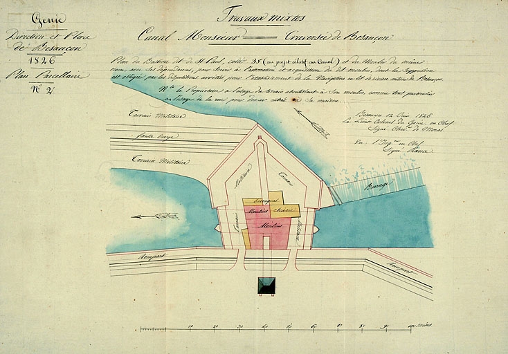 Plan du bastion de St Paul, cotté 38 (au projet relatif au canal), et du moulin du même nom, avec ses dépendances [...], 1826.