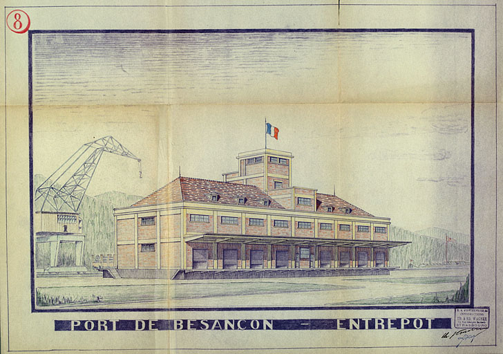 Chambre de Commerce de Besançon. Construction d'un entrepôt en béton armé au port de Besançon. 8. Port de Besançon - Entrepôt [vue perspective], 1936.