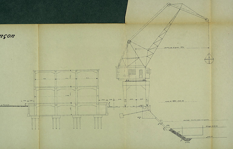 Construction d'un port fluvial à Besançon. Avant-projet. Profil en travers type du port, 1933.