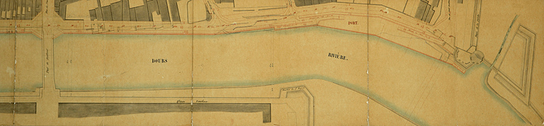 Avant-projet de travaux préservatifs des inondations. Ville de Besançon (rive droite du Doubs). Plan d'ensemble des travaux [partie droite], 1861.