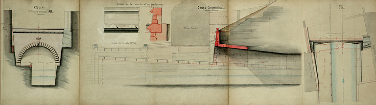 Dérivation sous la citadelle de Besançon. Dessins de détails de la tête du souterrain, côté de Rivotte [plan, coupes et élévation], 1880.