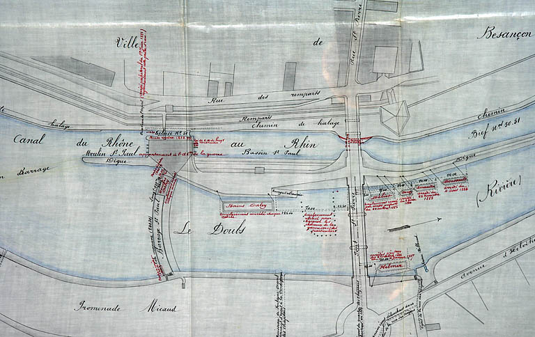 Règlement d'eau du moulin St Paul, appartenant à l'ad[ministrati]on de la Guerre. Plan des lieux [détail], 1887.