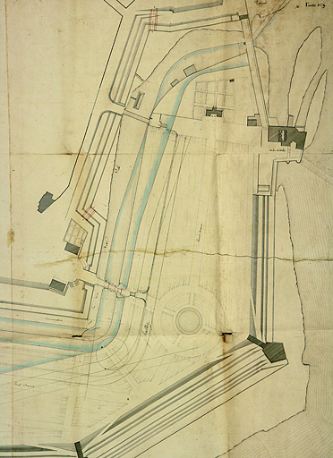 Plan général des ouvrages proposés dans la dérivation de Chamars [détail : partie aval], 1824.