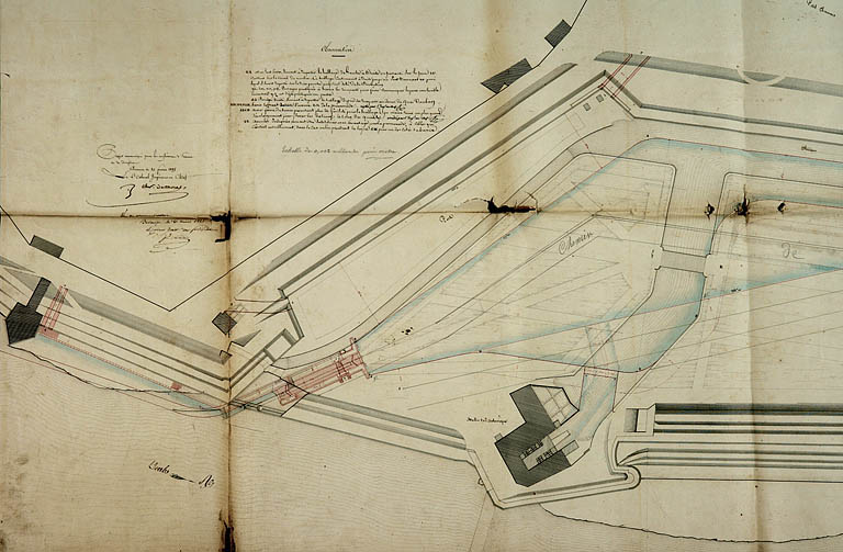 Plan général des ouvrages proposés dans la dérivation de Chamars [détail : partie amont], 1824.