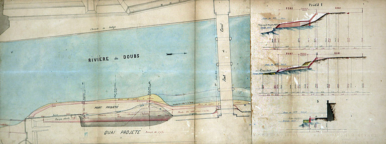 Quai Veil-Picard. Etablissement d'un port au pied du mur de quai. Plan et profils en travers, 1882.