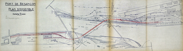 Gare de Besançon-Mouillère (Prés de Vaux). Extension de l'embranchement de l'administration des Ponts et Chaussées. Plan d'ensemble (état projeté), 1935.