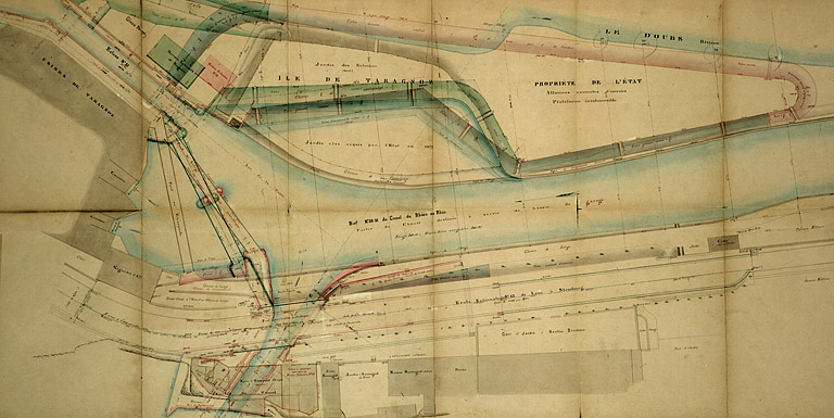 Dérivation sous la citadelle de Besançon. Plan des ouvrages à l'extrémité aval de la dérivation, 1877.