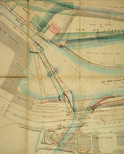 Dérivation sous la citadelle de Besançon. Plan des ouvrages à l'extrémité aval de la dérivation, 1877.