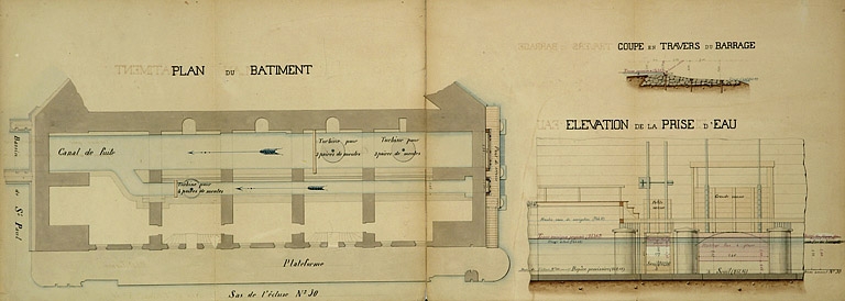 Règlement d'eau du moulin St Paul appartenant à l'administration de la Guerre. Dessin de détails [plan du bâtiment, coupe du barrage et élévation de la prise d'eau], 1874.