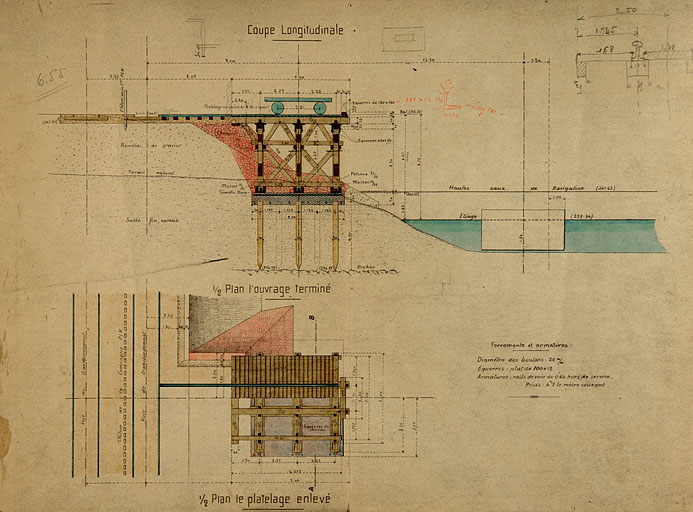 Exploitation militaire du Canal du Rhône au Rhin. Installation de transbordement au port des Près-de-Vaux, à Besançon. Projet définitif. Dessins de l'appontement [détail : plans et coupe longitudinale], 1918.