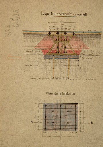 Exploitation militaire du Canal du Rhône au Rhin. Installation de transbordement au port des Près-de-Vaux, à Besançon. Projet définitif. Dessins de l'appontement [détail : plan et coupe transversale], 1918.