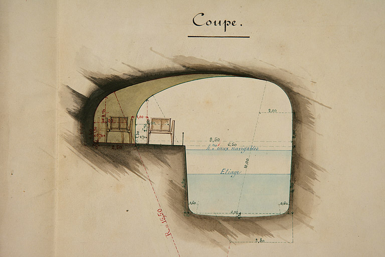 Dérivation sous la citadelle de Besançon. Dessin d'une gare d'évitement dans le tunnel [coupe : détail], 1879.