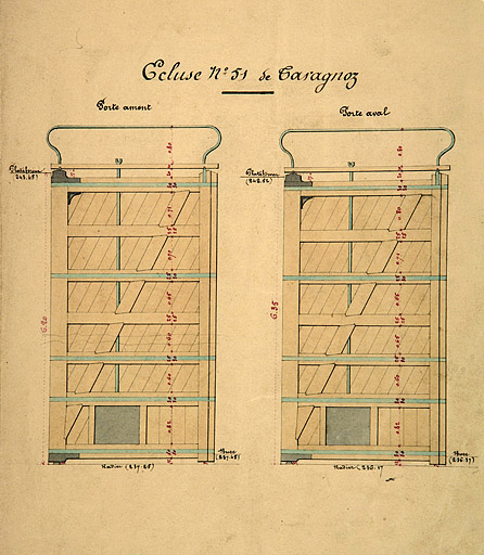 Dessin des portes de l'écluse n° 51 à placer lors de son allongement et de son exhaussement, 1879.