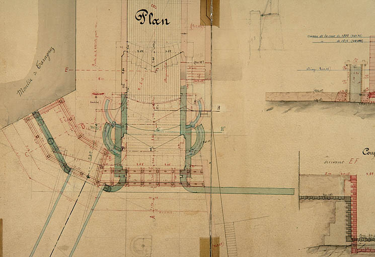 Dérivation sous la citadelle de Besançon. Dessins de détails de l'allongement par l'amont de l'écluse n° 51 [plan et coupes], 1877.