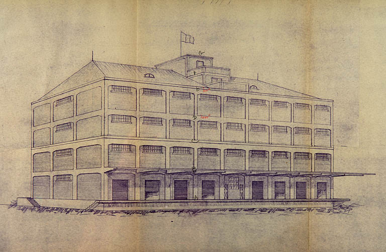 Concours pour la construction d'un entrepôt en béton armé au port de Besançon. Dessins [détail : ] Vue perspective côté terre [retombe baissée : 3 étages carrés], 1936.