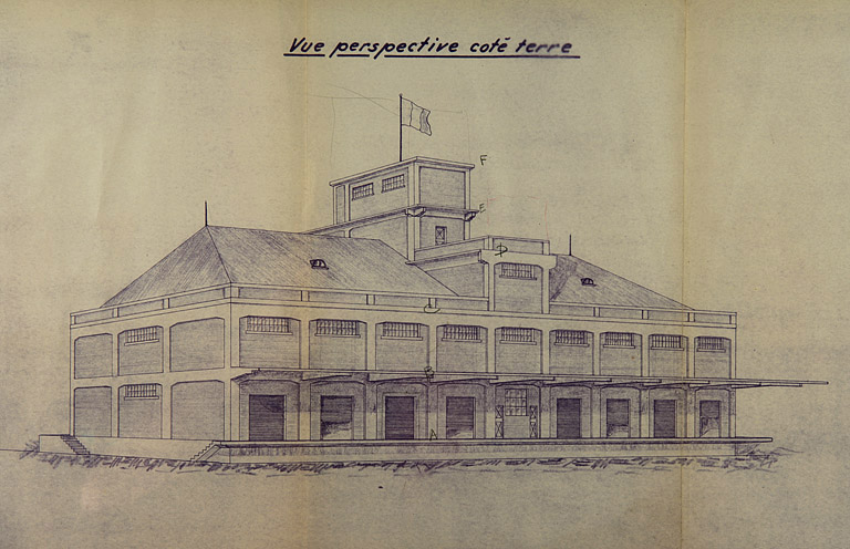 Concours pour la construction d'un entrepôt en béton armé au port de Besançon. Dessins [détail : ] Vue perspective côté terre [retombe levée : 1 étage carré], 1936.