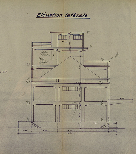 Concours pour la construction d'un entrepôt en béton armé au port de Besançon. Dessins [détail : ] Elévation latérale, 1936.