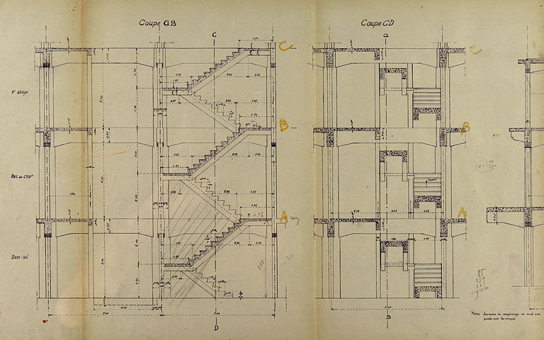 Concours pour la construction d'un entrepôt en béton armé au port de Besançon. Dessins [détail : ] Coupe AB [et] Coupe CD, 1936.