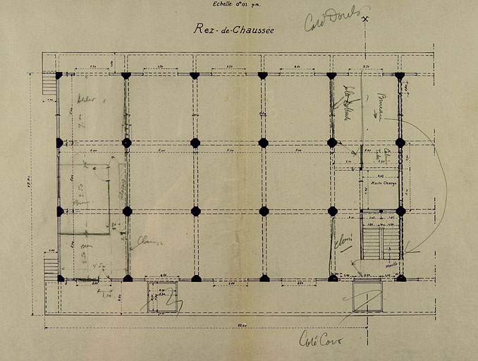 Concours pour la construction d'un entrepôt en béton armé au port de Besançon. Dessins [détail : plan du] Rez-de-chaussée, 1936.