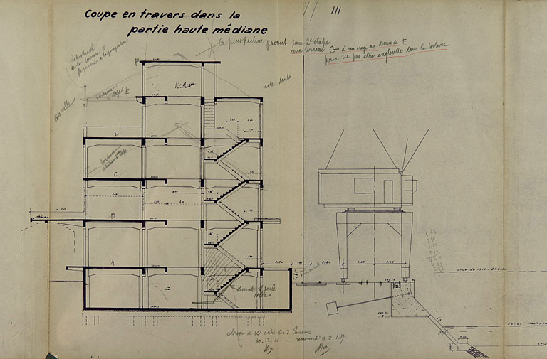 Concours pour la construction d'un entrepôt en béton armé au port de Besançon. Dessins [détail : ] Coupe en travers dans la partie haute médiane, 1936.