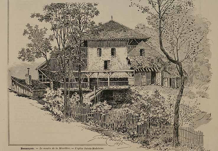 Besançon. - Le moulin de la Mouillère [moulin aval dit le Petit Moulin], 1890. Gravure.