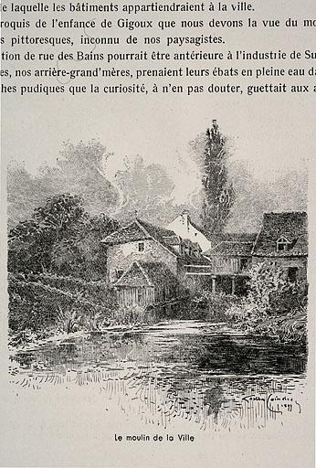 Le moulin de la Ville [de l'Archevêque ? Restitution], 1899. Gravure d'après un croquis de Gigoux.
