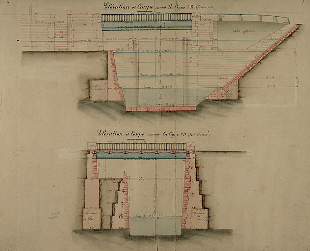 Dérivation sous la citadelle de Besançon [...] Dessins du pont sous la route nationale n° 67 à Rivotte [coupes et élévations du pont routier], 1877.