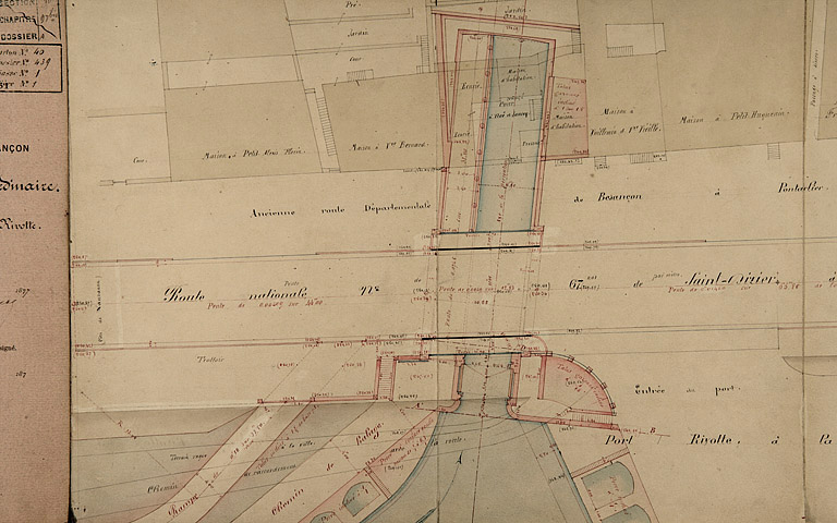 Dérivation sous la citadelle de Besançon [...] Dessins du pont sous la route nationale n° 67 à Rivotte [plan], 1877.