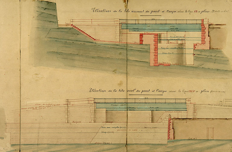 Dérivation sous la citadelle de Besançon [...] Dessins du pont sous la route nationale n° 83 à Taragnoz [coupes et élévations], 1877.