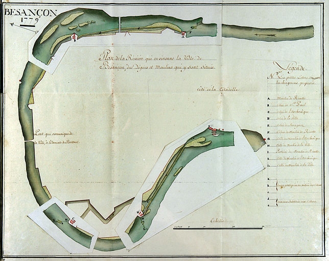Besançon 1779. Plan de la rivière qui environne la ville de Besançon, des digues et moulins qui y sont situés.