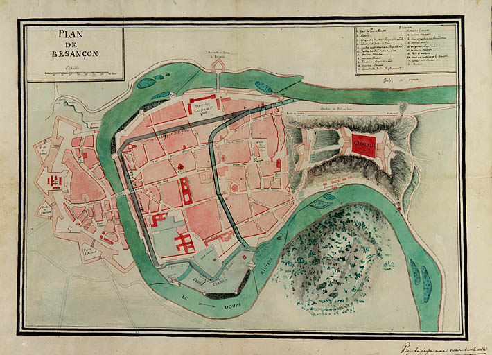 Plan de Besançon [projet de canal par Charles-François-Janvier Janson, ancien maire de la ville], 1807.