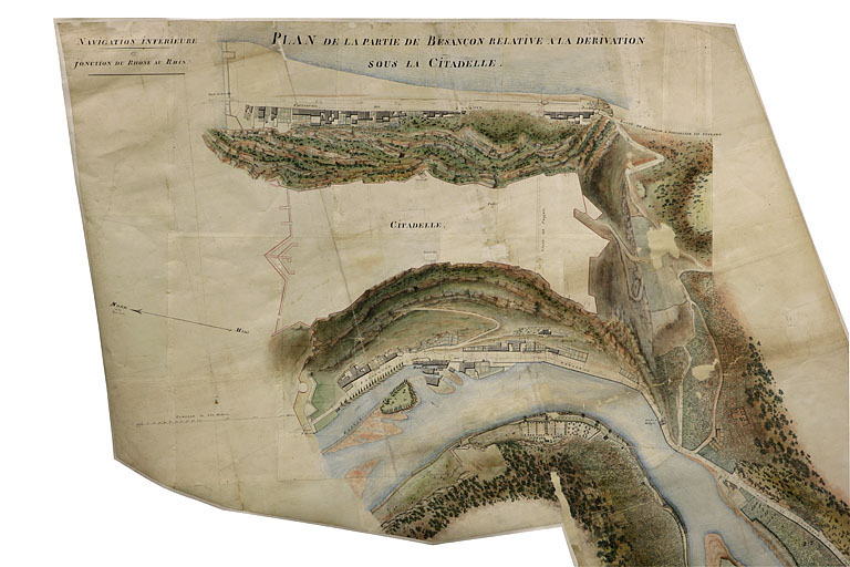 Canal Monsieur. Plan de la partie de Besançon relative à la dérivation sous la citadelle [détail des faubourgs Rivotte et Tarragnoz], 1803.