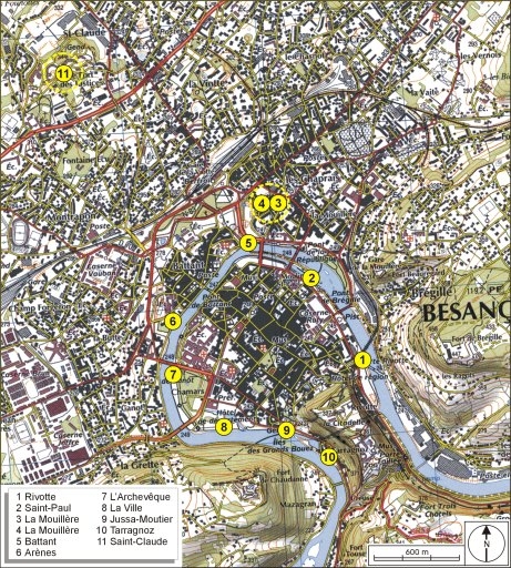 Carte de localisation des moulins. Carte topographique, IGN, 2000, échelle 1:25 000 agrandie à 1:20 000. Scan 25, licence n° 2000/CUIN/9036.