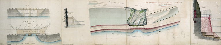 Remplacement du pont de la Porte taillée par un remblai perreyé. Dessins de détails du pont actuel et des ouvrages à y substituer, 1881.