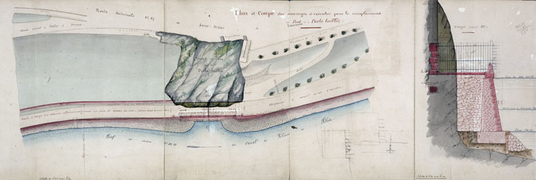 Remplacement du pont de la Porte taillée par un remblai perreyé. Dessins de détails du pont actuel et des ouvrages à y substituer [détail : ouvrages prévus], 1881.