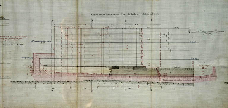 Allongement des écluses n° 49 et 52. Ecluse n° 52 de Velotte. Plan et coupes, 1883.