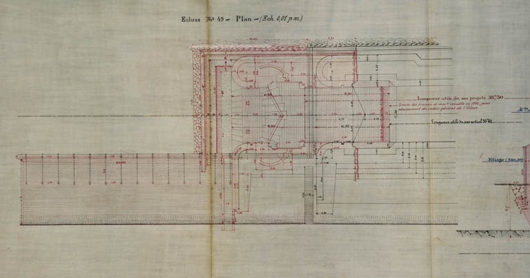 Allongement des écluses n° 49 et 52. Ecluse n° 49 de la Malate. Plan et coupes, 1883.