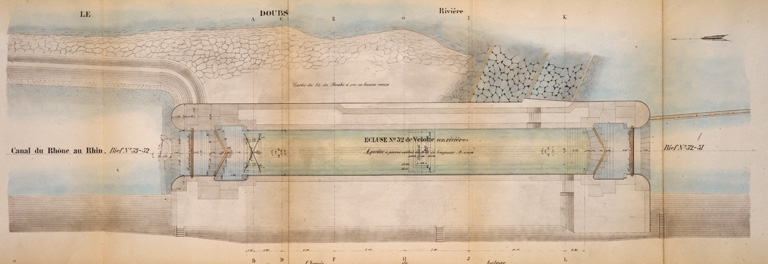 Abaissement du radier du sas de l'écluse n° 52 de Velotte. Plan, élévation et coupes transversales [Détail : plan], 1911.