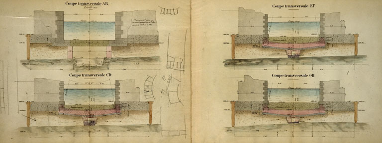 Abaissement du radier du sas de l'écluse n° 52 de Velotte. Plan, élévation et coupes transversales [Détail : coupes], 1911.